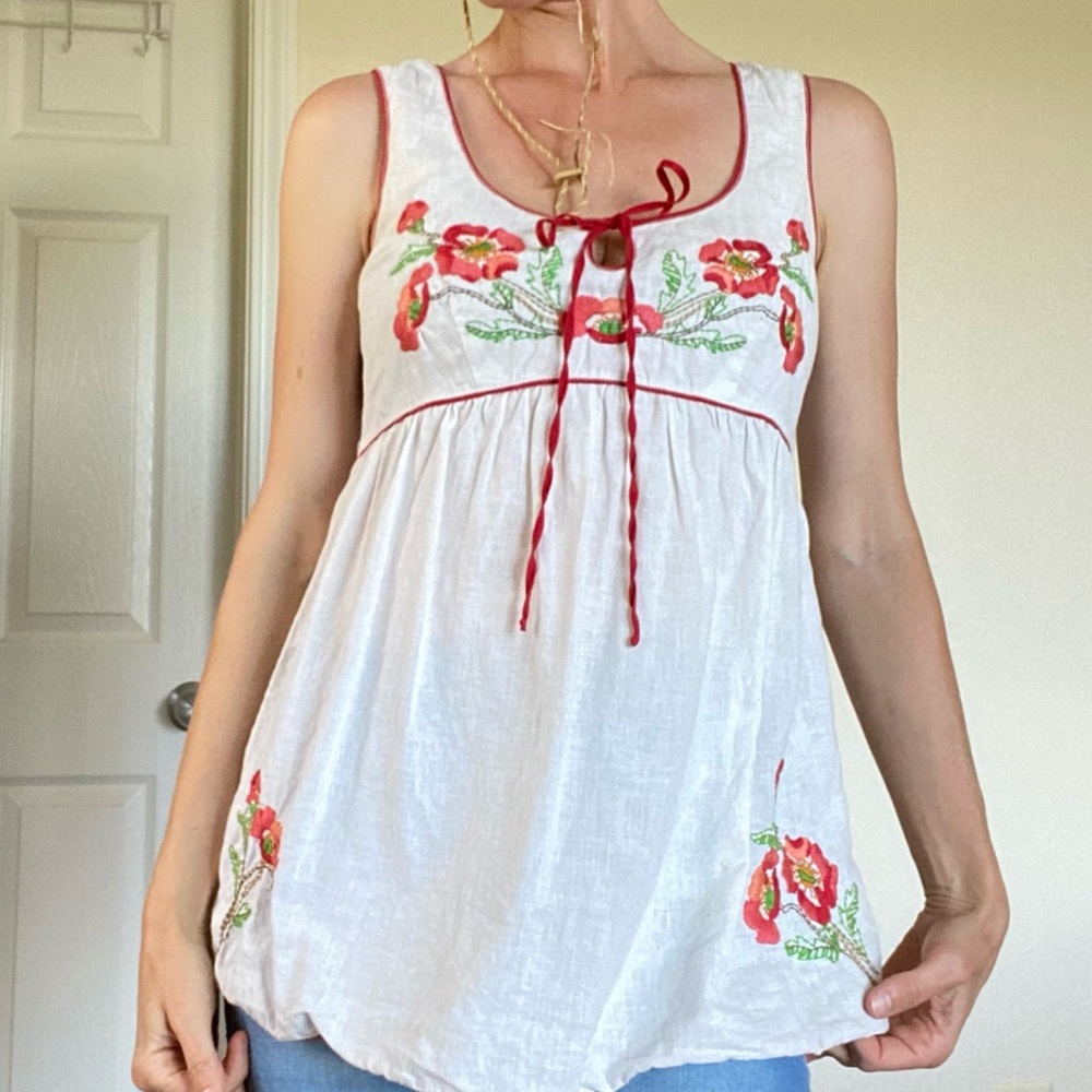 Sweet flower embroidered linen baby doll top